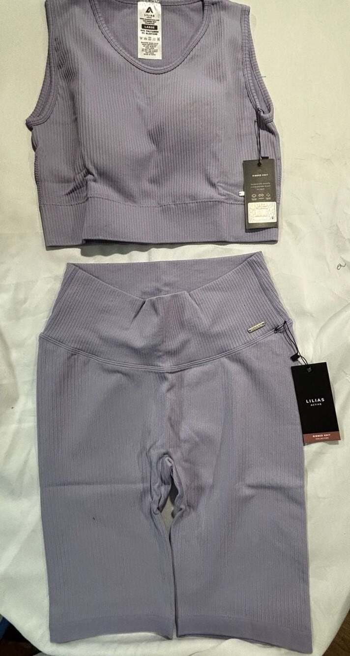 Lilias Active Ribbed Knit Two-Piece Set, Longline Sports Bra and Leggings, Lilac